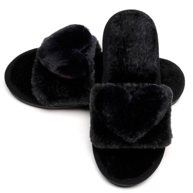 Crazy Lady Women's LOVE Slippers Fuzzy Fluffy Memory Foam House Shoes Open Toe Indoor and Outdoor (01/Black, 7.5-8.5 M US) - Image 1